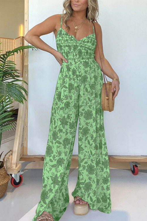 Nonnadress Floral Print Spaghetti Strap Wide Leg Jumpsuit