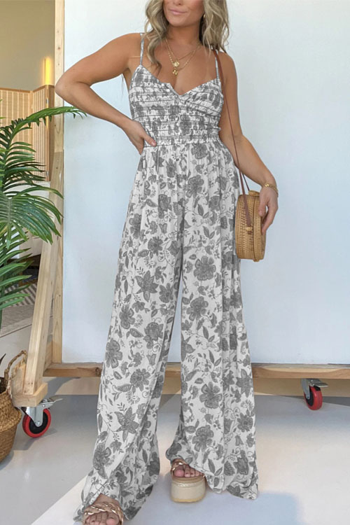 Nonnadress Floral Print Spaghetti Strap Wide Leg Jumpsuit