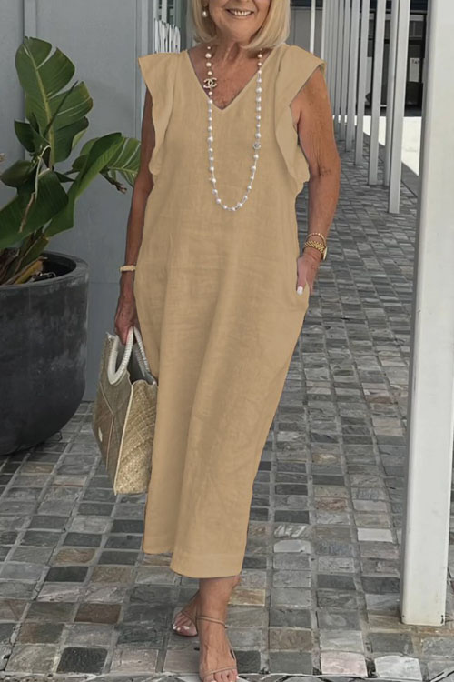 Nonnadress Summer Backless Tie Strap Flare Sleeve Cotton Linen Dress