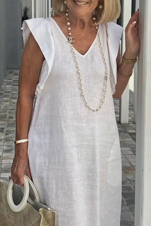 Nonnadress Summer Backless Tie Strap Flare Sleeve Cotton Linen Dress