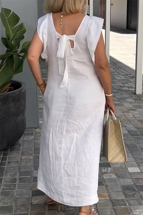 Nonnadress Summer Backless Tie Strap Flare Sleeve Cotton Linen Dress