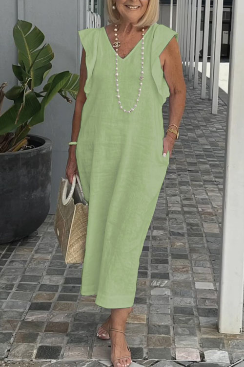 Nonnadress Summer Backless Tie Strap Flare Sleeve Cotton Linen Dress