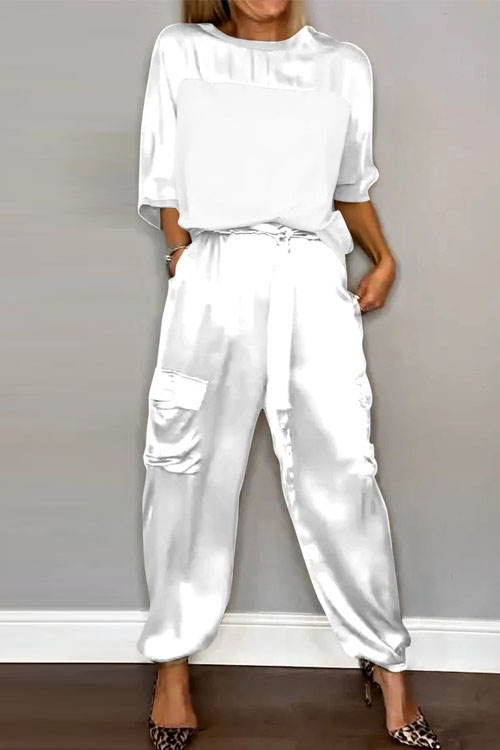 Nonnadress Smooth Satin Short-sleeve Top & Pants Two-piece Set