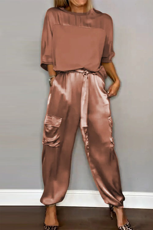 Nonnadress Smooth Satin Short-sleeve Top & Pants Two-piece Set