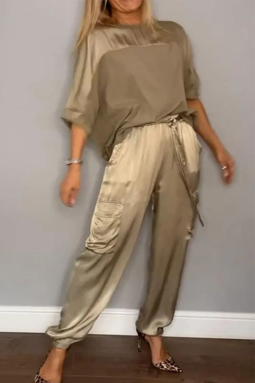 Nonnadress Smooth Satin Short-sleeve Top & Pants Two-piece Set