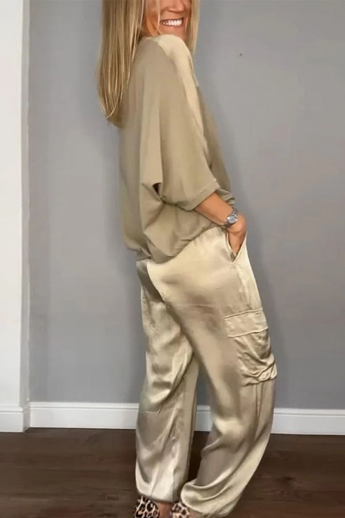 Nonnadress Smooth Satin Short-sleeve Top & Pants Two-piece Set