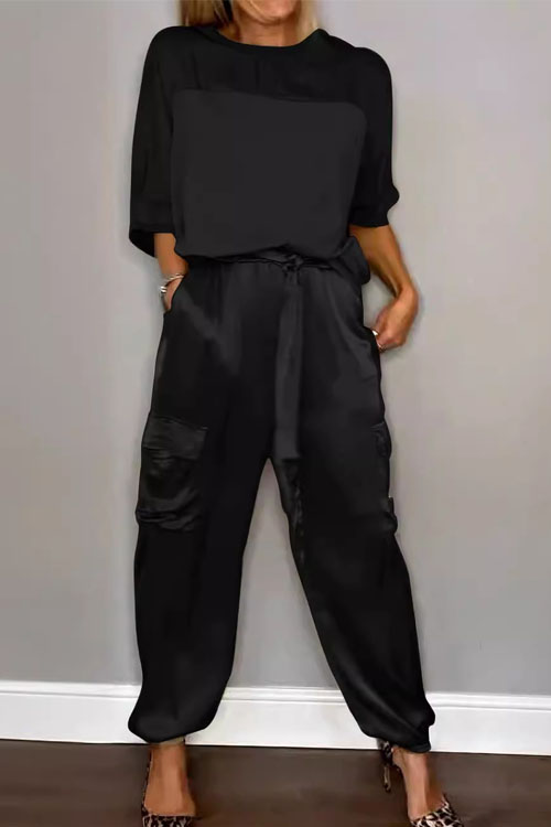 Nonnadress Smooth Satin Short-sleeve Top & Pants Two-piece Set