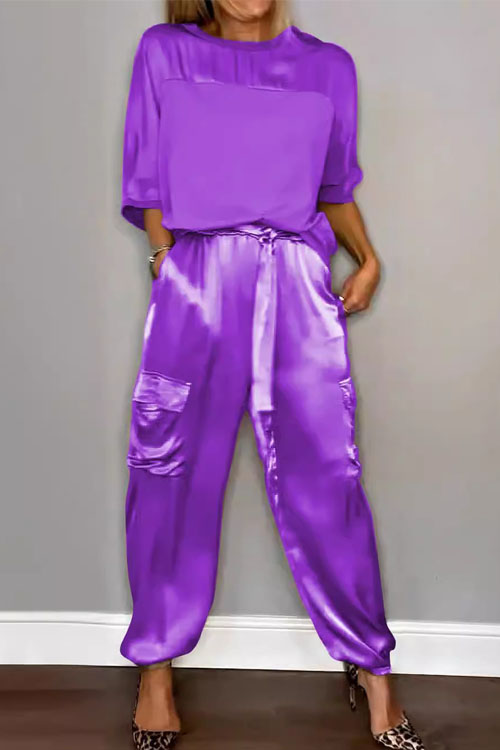 Nonnadress Smooth Satin Short-sleeve Top & Pants Two-piece Set