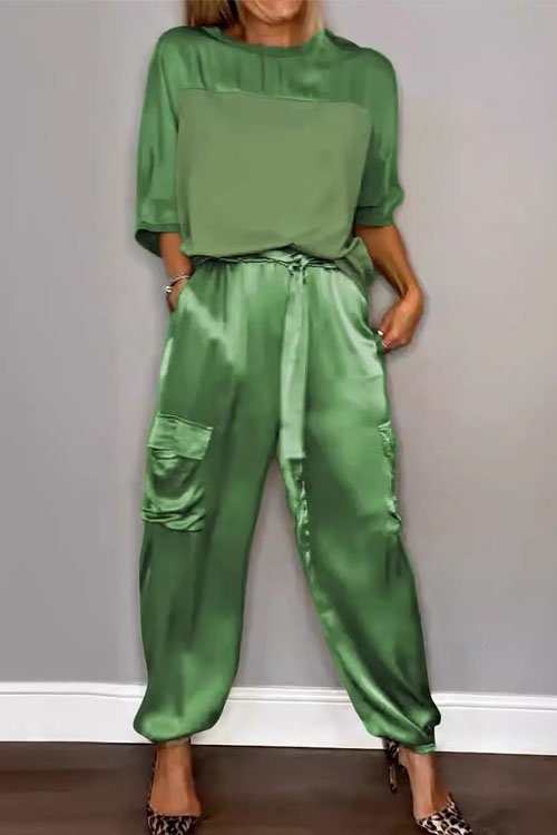 Nonnadress Smooth Satin Short-sleeve Top & Pants Two-piece Set