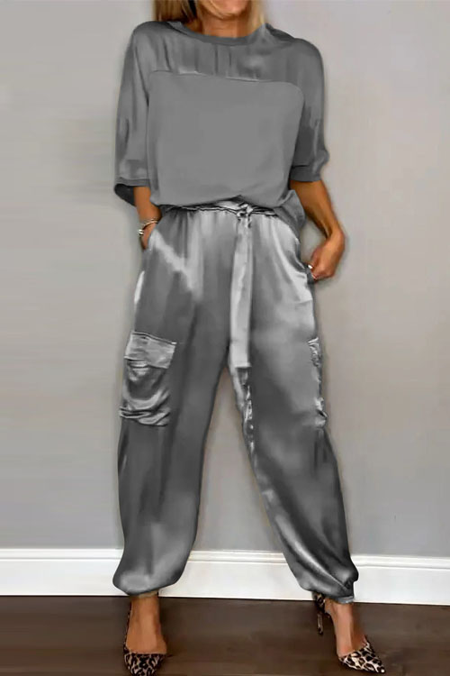 Nonnadress Smooth Satin Short-sleeve Top & Pants Two-piece Set