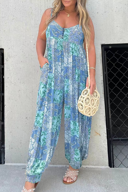 Nonnadress High-waisted Trendy Loose Printed Strap Jumpsuit