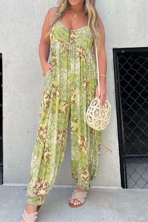 Nonnadress High-waisted Trendy Loose Printed Strap Jumpsuit
