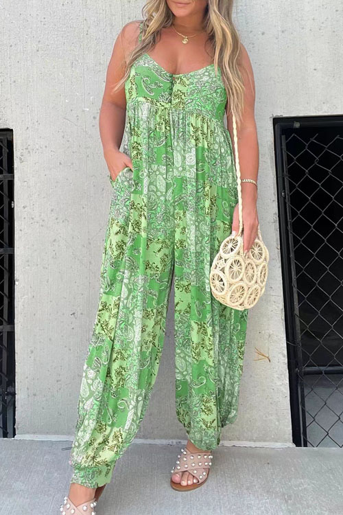 Nonnadress High-waisted Trendy Loose Printed Strap Jumpsuit