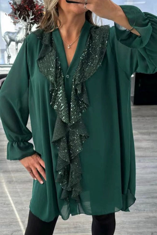Nonnadress V Neck Chiffon Spliced Sequin Women Shirt