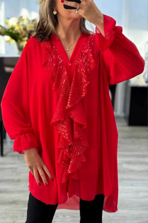 Nonnadress V Neck Chiffon Spliced Sequin Women Shirt