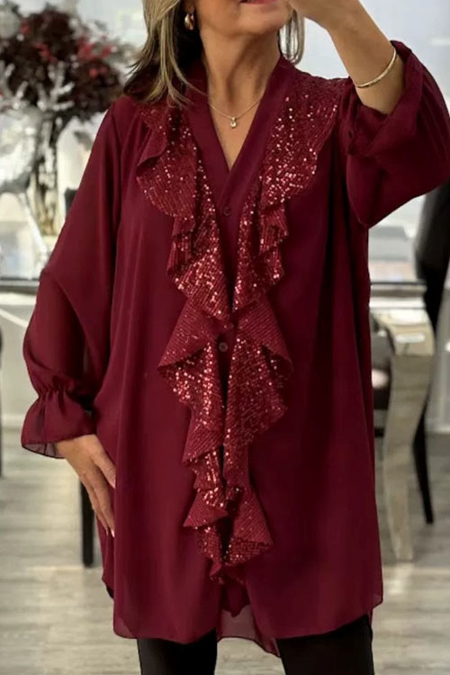 Nonnadress V Neck Chiffon Spliced Sequin Women Shirt