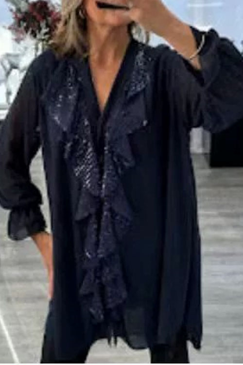 Nonnadress V Neck Chiffon Spliced Sequin Women Shirt