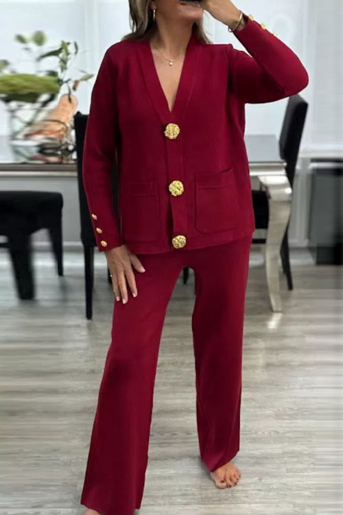 Nonnadress Peplum Metal Button Cardigan Wide Leg Pants Set