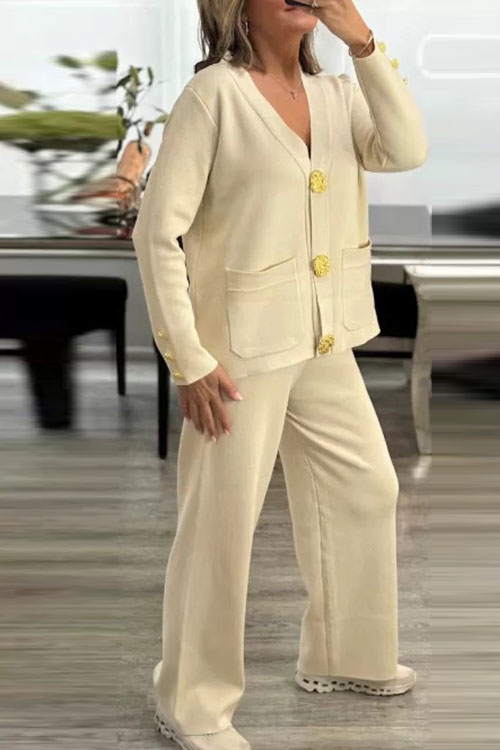 Nonnadress Peplum Metal Button Cardigan Wide Leg Pants Set