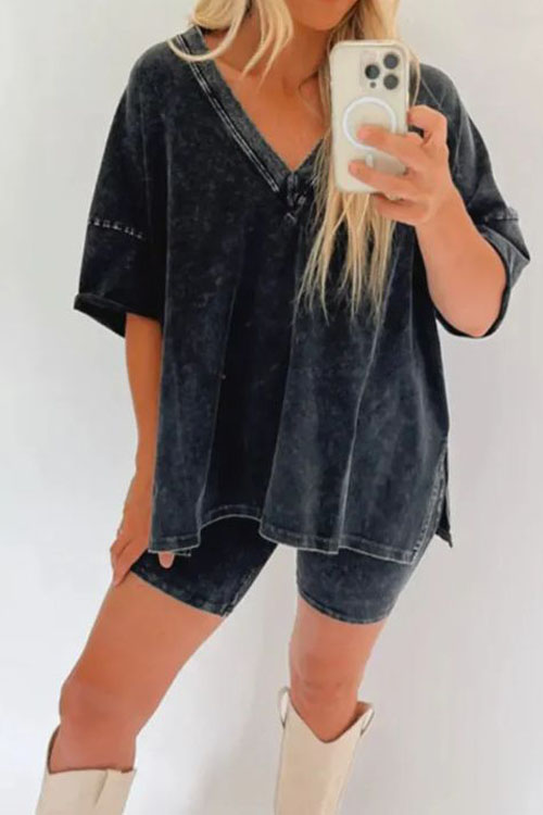 Nonnadress V-neck Denim-inspired Short-sleeve T-shirt & Shorts Casual Two-piece Set