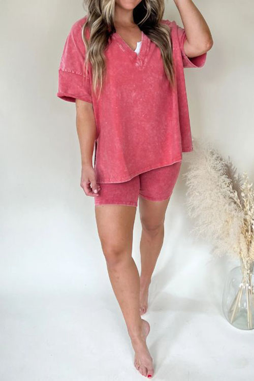 Nonnadress V-neck Denim-inspired Short-sleeve T-shirt & Shorts Casual Two-piece Set