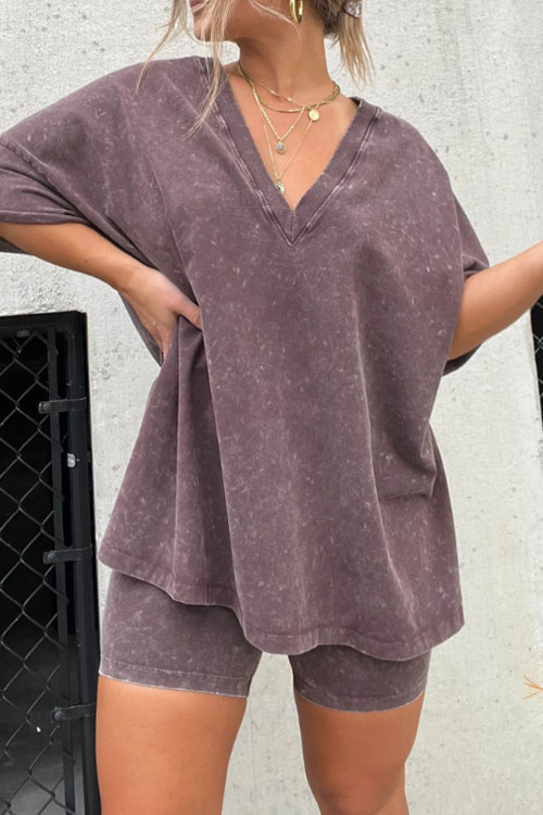 Nonnadress V-neck Denim-inspired Short-sleeve T-shirt & Shorts Casual Two-piece Set