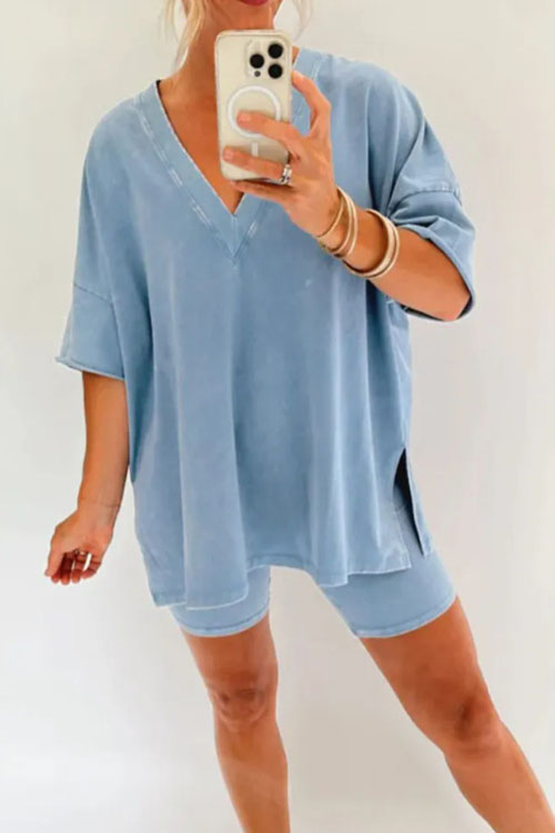 Nonnadress V-neck Denim-inspired Short-sleeve T-shirt & Shorts Casual Two-piece Set