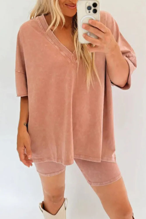 Nonnadress V-neck Denim-inspired Short-sleeve T-shirt & Shorts Casual Two-piece Set