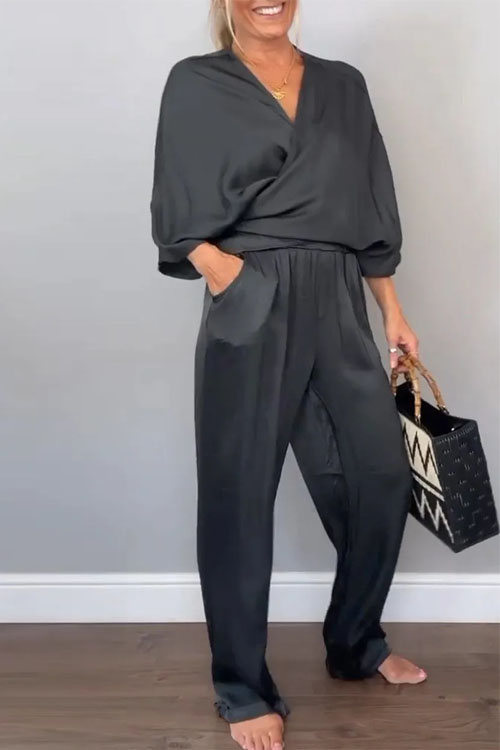 Nonnadress Solid Color Satin Short Sleeve Top and Pants Set