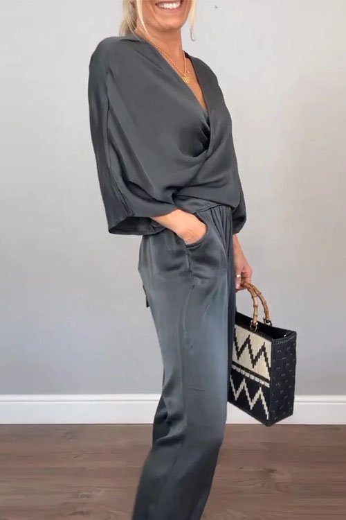 Nonnadress Solid Color Satin Short Sleeve Top and Pants Set