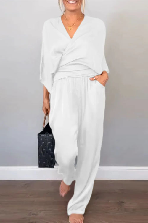 Nonnadress Solid Color Satin Short Sleeve Top and Pants Set