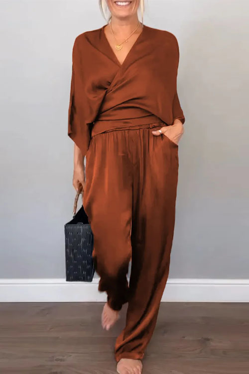 Nonnadress Solid Color Satin Short Sleeve Top and Pants Set