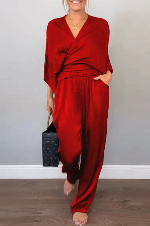 Nonnadress Solid Color Satin Short Sleeve Top and Pants Set