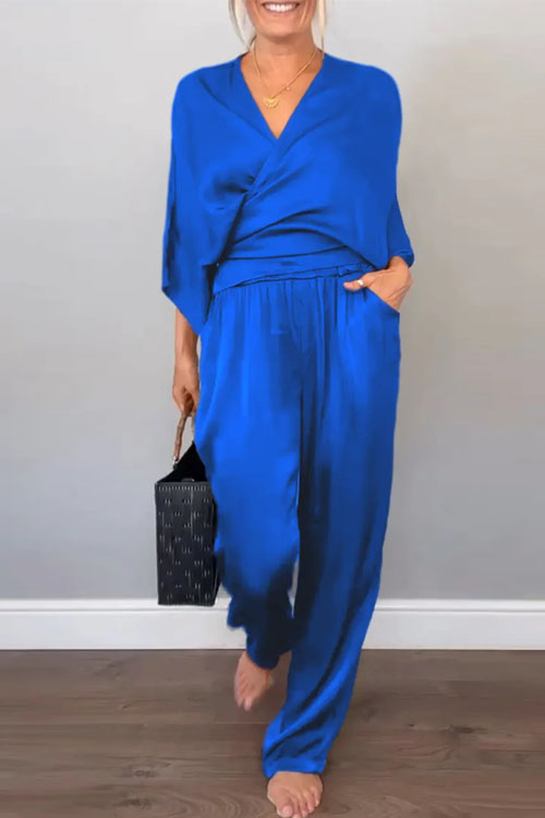 Nonnadress Solid Color Satin Short Sleeve Top and Pants Set