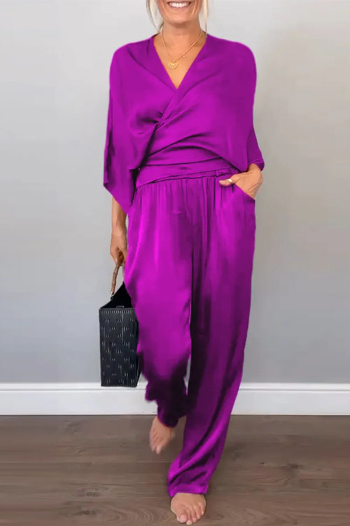 Nonnadress Solid Color Satin Short Sleeve Top and Pants Set