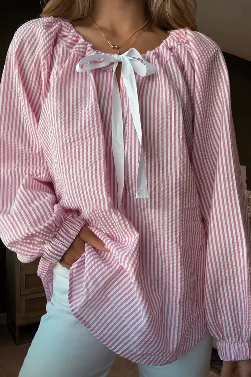 Nonnadress Chiffon Striped Tie Women Blouse Top