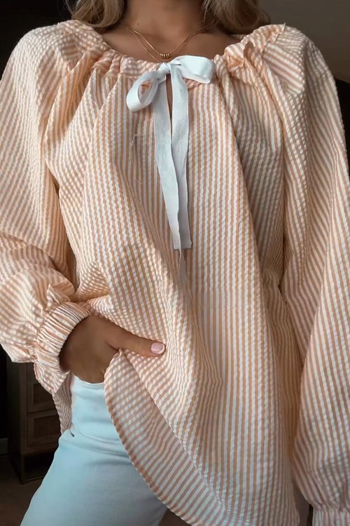 Nonnadress Chiffon Striped Tie Women Blouse Top