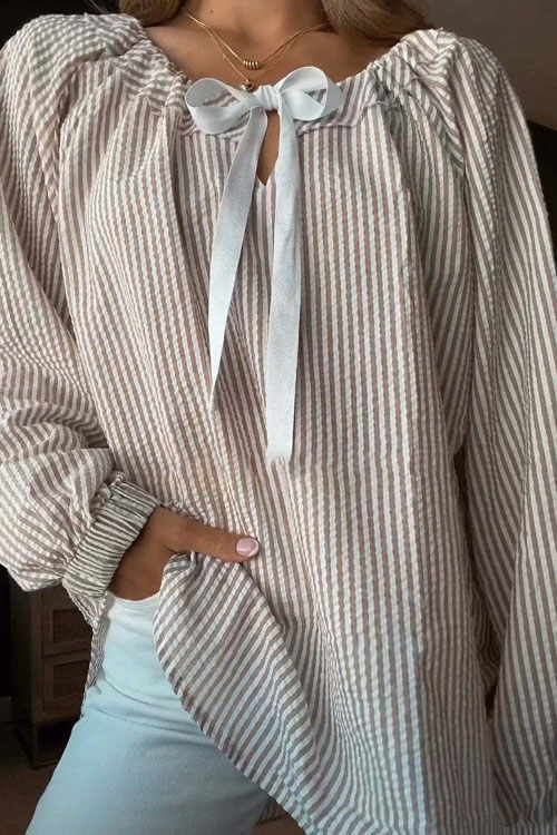 Nonnadress Chiffon Striped Tie Women Blouse Top