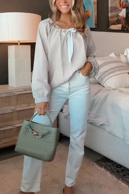 Nonnadress Chiffon Striped Tie Women Blouse Top