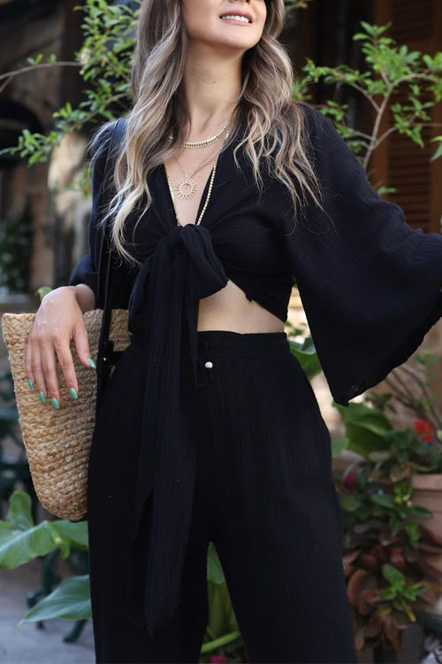 Nonnadress Fashion Flared Sleeve Lace-Up Shirt High Waisted Straight Leg Pants Set