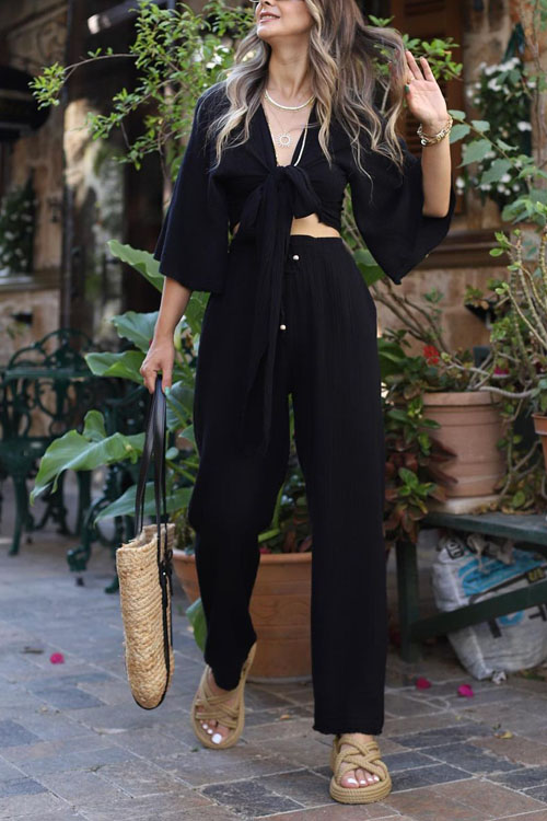 Nonnadress Fashion Flared Sleeve Lace-Up Shirt High Waisted Straight Leg Pants Set