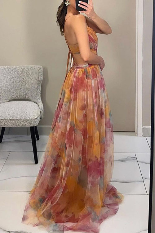 Nonnadress  Vacation Mesh Printed Halter Dress