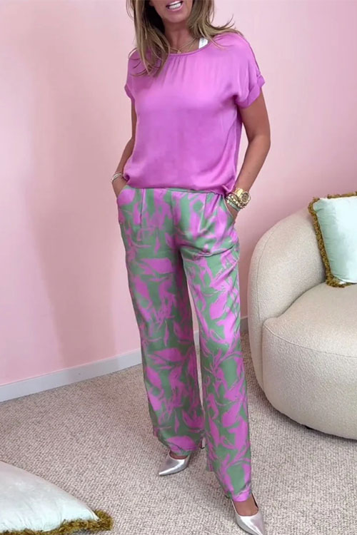 Nonnadress Casual Round Neck Short Sleeve Top Printed Pants Set