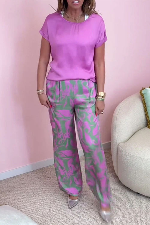 Nonnadress Casual Round Neck Short Sleeve Top Printed Pants Set