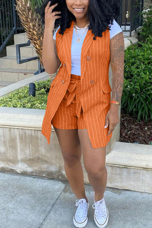 Nonnadress Striped Vest Jacket OL Office Two-piece Set (With Belt)