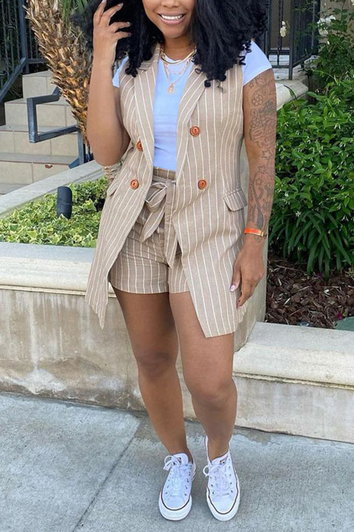 Nonnadress Striped Vest Jacket OL Office Two-piece Set (With Belt)