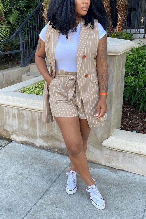 Nonnadress Striped Vest Jacket OL Office Two-piece Set (With Belt)