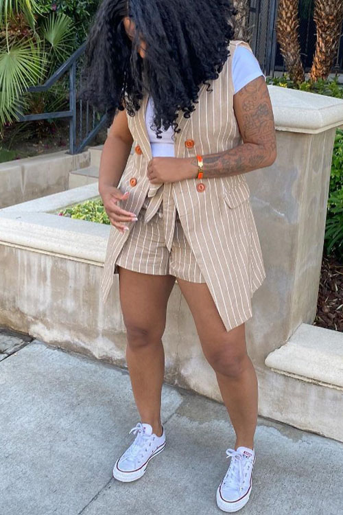 Nonnadress Striped Vest Jacket OL Office Two-piece Set (With Belt)