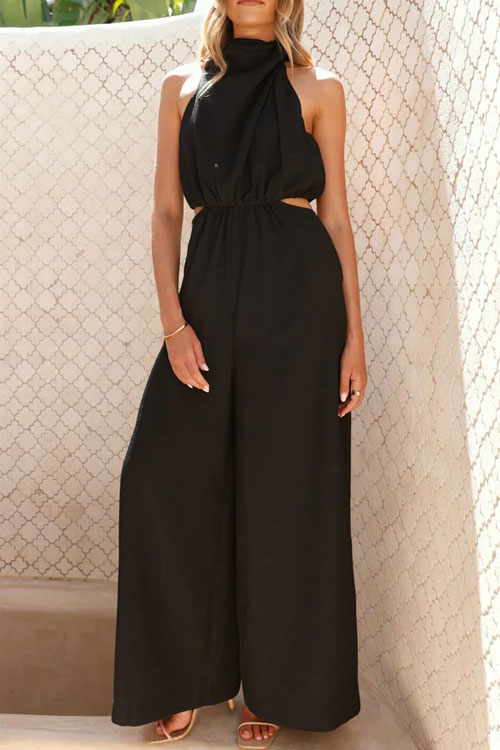 Nonnadress Vacation Style Hanging Neck Pocket Lace-Up One-piece Wide Leg Pants