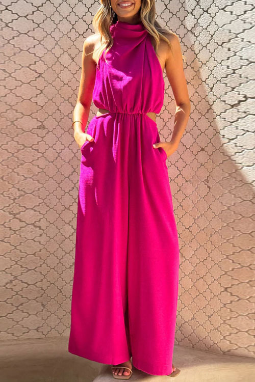 Nonnadress Vacation Style Hanging Neck Pocket Lace-Up One-piece Wide Leg Pants